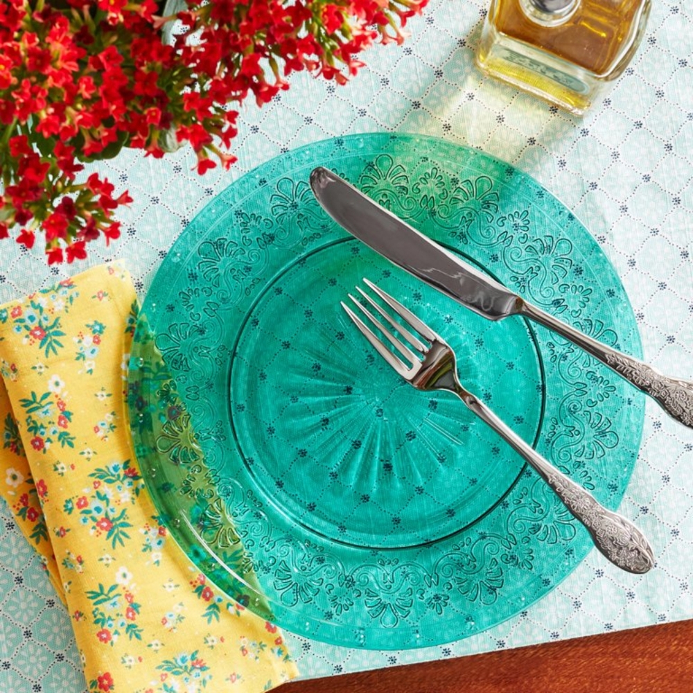 Salad Plates 🌺 New Pioneer Woman Cassie Glass Salad Plate, Teal Blue Set of 4 - Picture 3 of 7